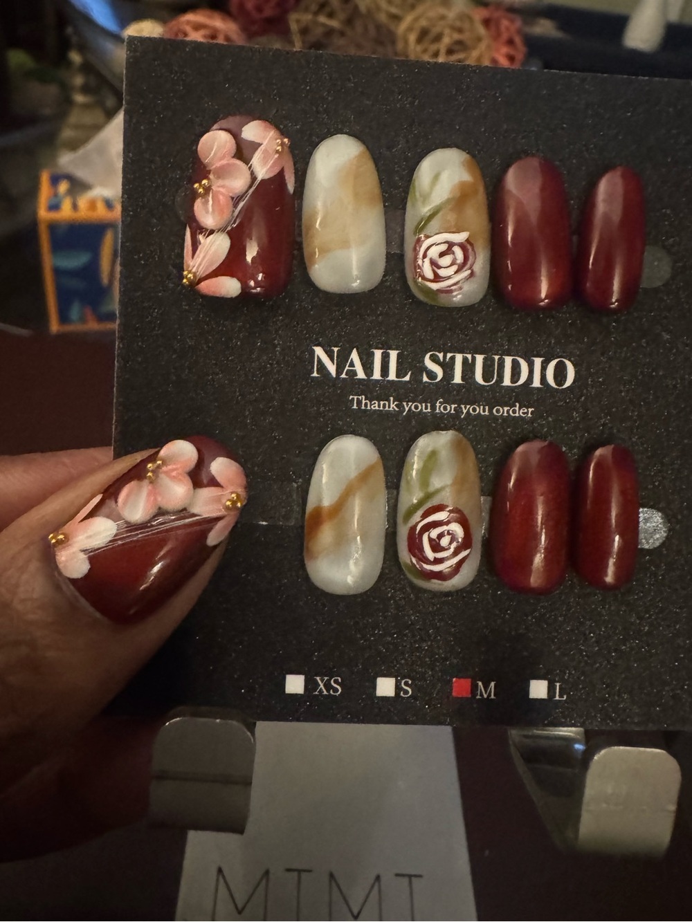 Hand Painted Floral Press-On Nails in Deep Red and Cream (Short Oval)